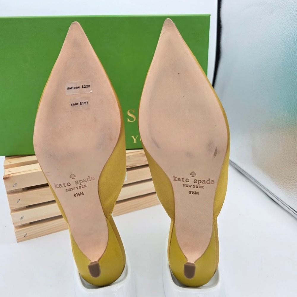 Kate Spade Darlene Mules Women 6.5 Yellow Satin Crystal Bow Kitten Heel S4101115 - Picture 3 of 5